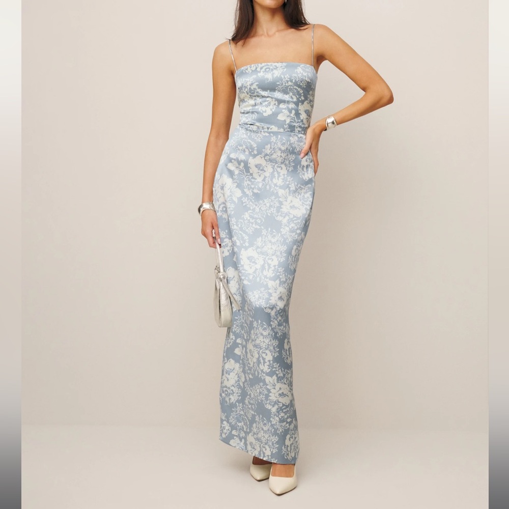 REFORMATION Frankie Silk Dress in Porcelain Blue